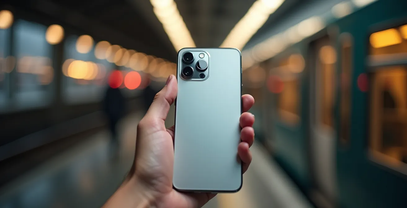 Vue macro d'une main tenant un smartphone montrant l'application ONCF Trafic en arrière-plan flou