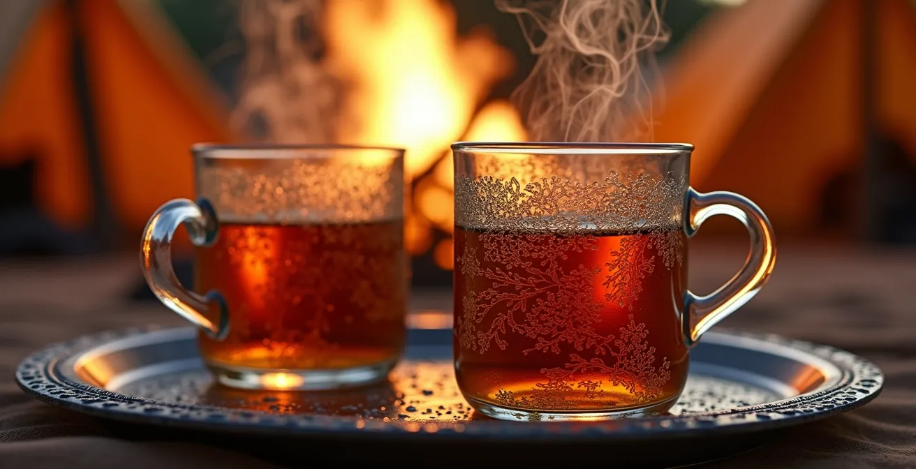 Campement nomade traditionnel dans le désert avec feu de camp sous un ciel étoilé