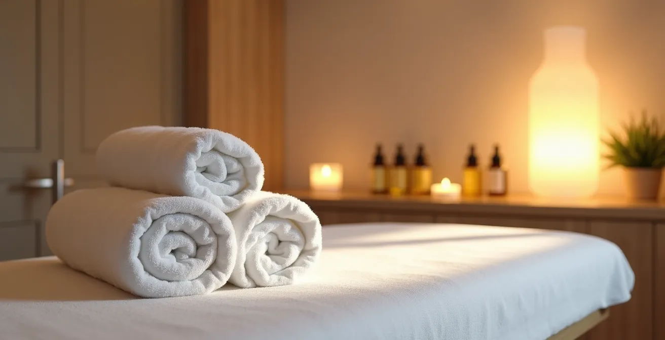 Cabine de massage impeccable avec serviettes blanches pliées et table de soin préparée dans une lumière douce