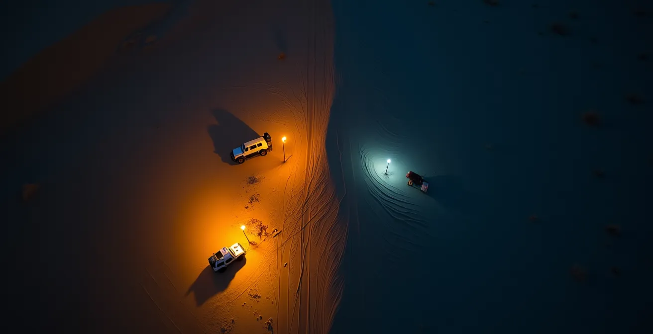 Vue aérienne montrant deux zones de campements : une proche de la route avec lumières visibles, une autre isolée dans les dunes profondes