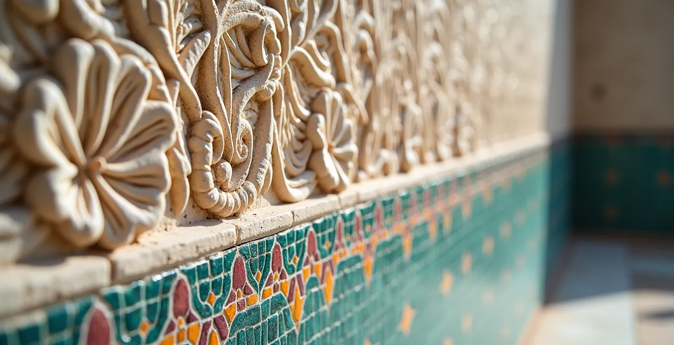 Détail architectural montrant la transition entre motifs saadiens floraux et géométrie alaouite