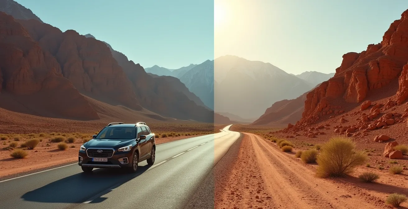Véhicule standard sur route asphaltée avec les montagnes de l'Atlas en arrière-plan