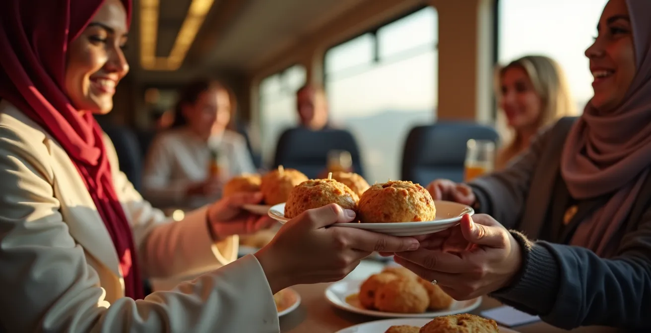 Scène chaleureuse de partage de nourriture dans un compartiment de train marocain