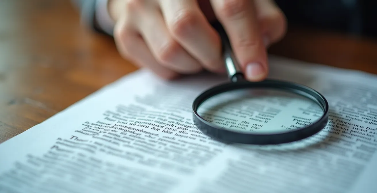 Mains examinant minutieusement un document contractuel avec une loupe sur les clauses importantes