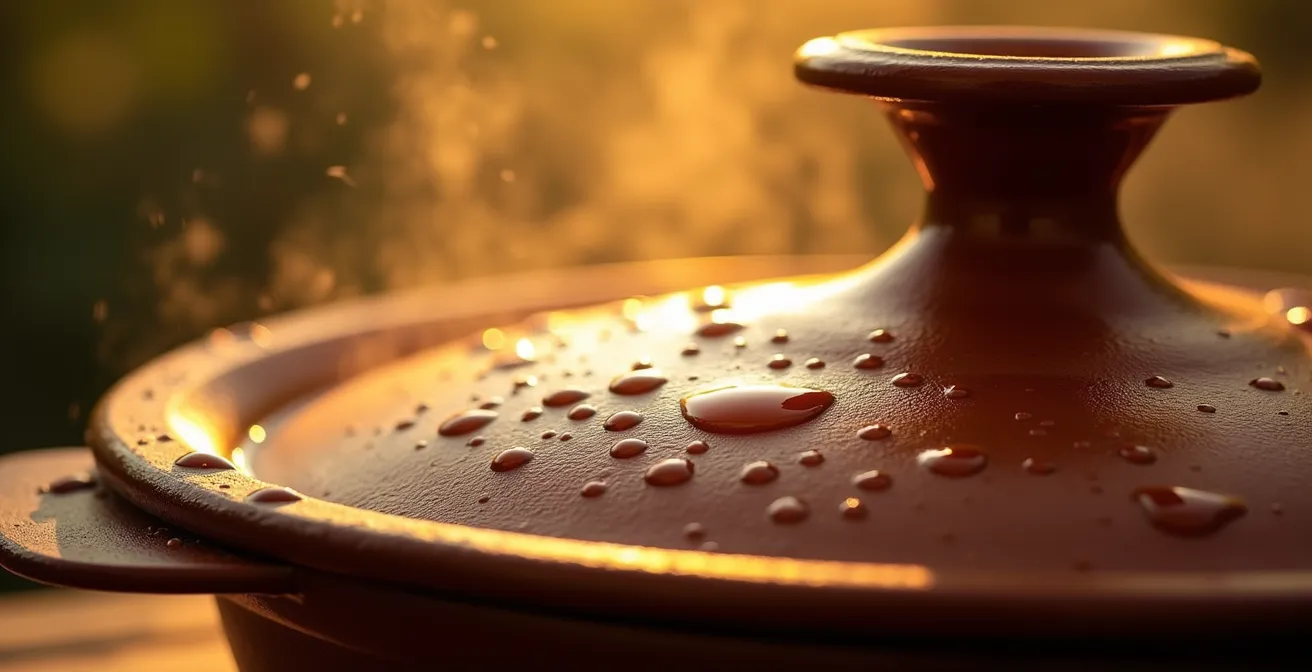 Vue macro du couvercle conique d'un tajine avec gouttelettes de condensation visibles