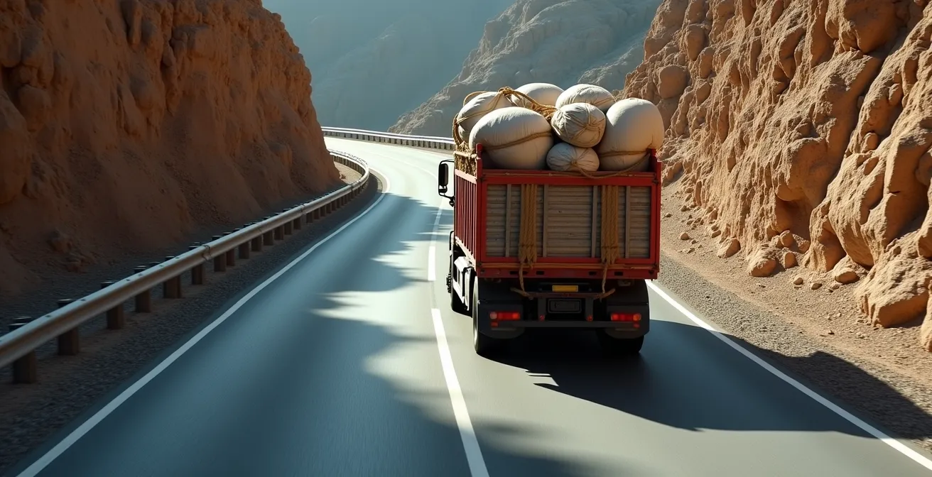 Vue arrière d'un camion dans un virage serré de montagne
