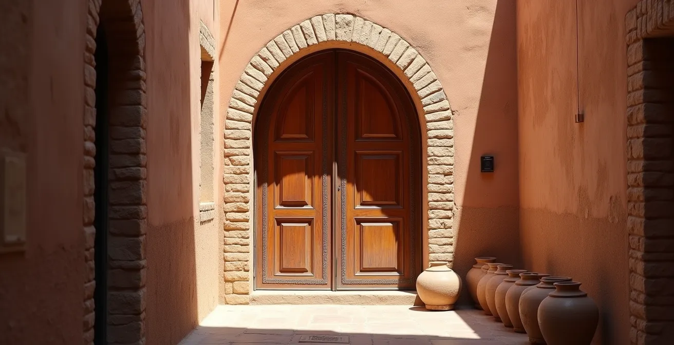 Impasse privée d'une médina avec porte en bois sculpté et arche basse