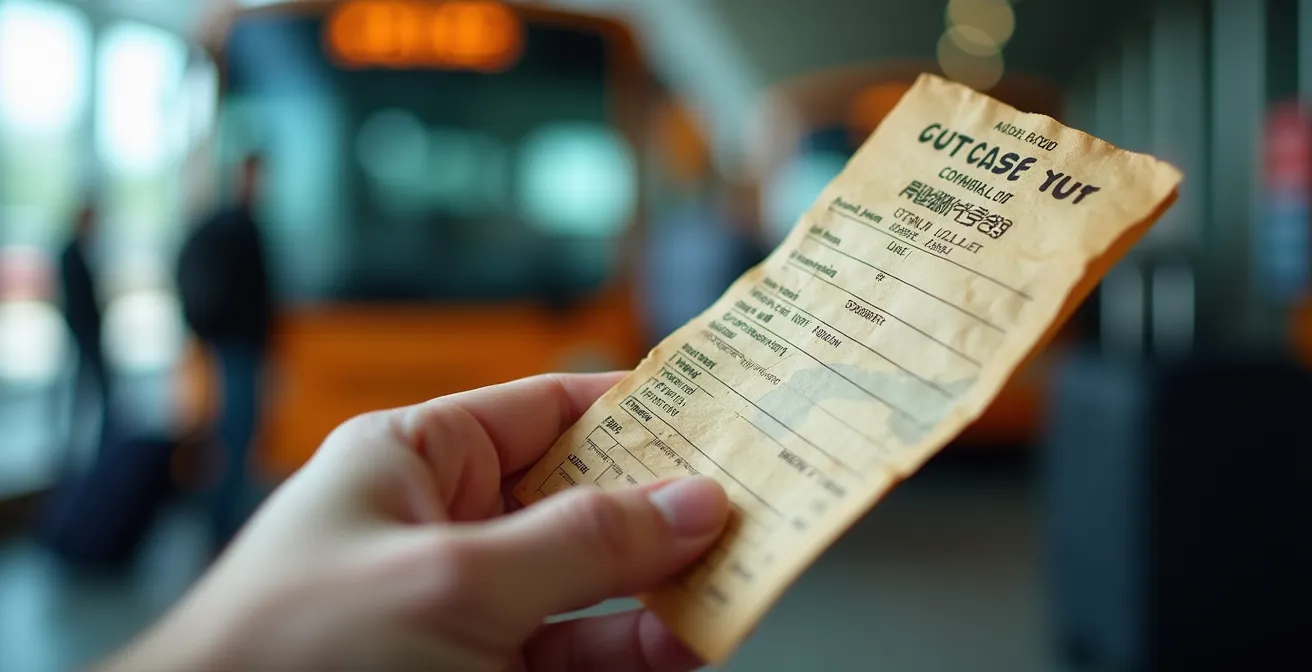 Gros plan macro sur une main tenant un ticket de soute avec numéro visible et tampon de compagnie de bus