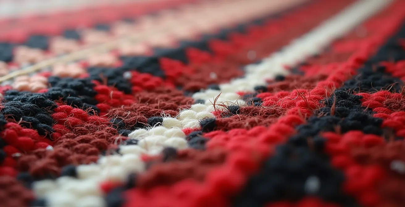 Détail macro d'un tissage de tapis berbère montrant les motifs géométriques traditionnels