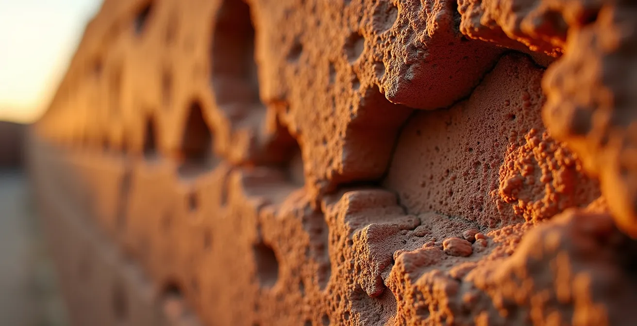 Détail macro de la texture d'un mur en pisé éclairé par la lumière rasante du soleil couchant
