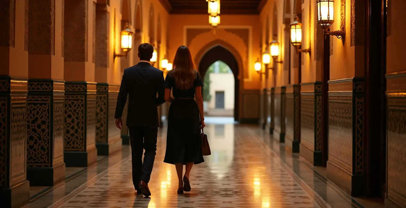 Couple élégant dans le hall d'un palace marocain le soir