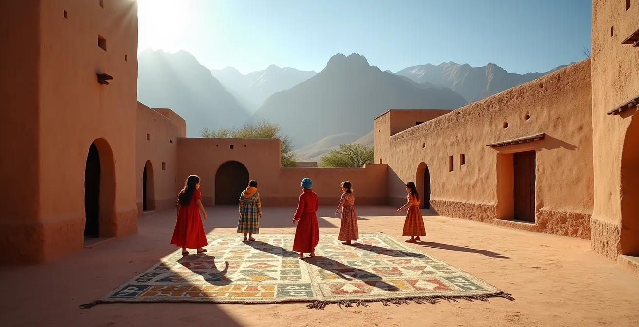 Enfants berbères jouant à des jeux traditionnels dans une cour de village de l'Atlas avec vue sur les montagnes