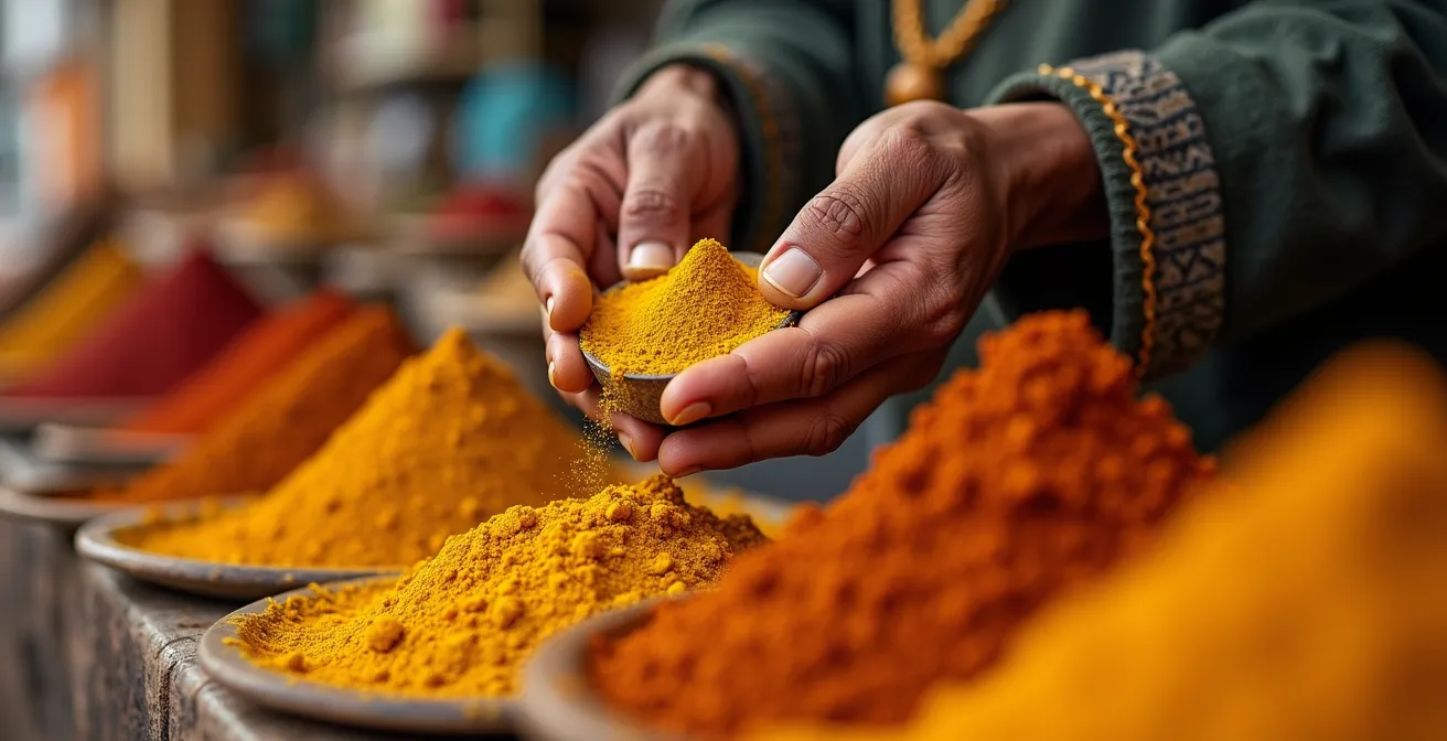 Gros plan sur des épices marocaines en tas colorés sur un étal de marché
