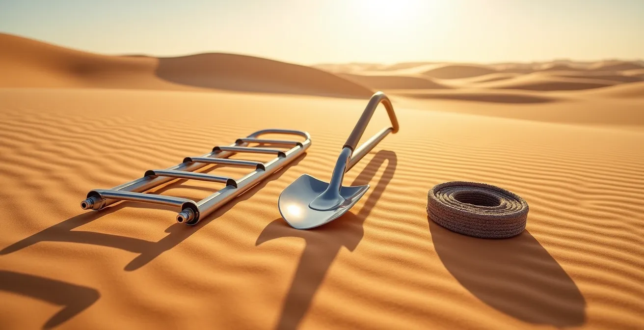 Kit d'équipement de désensablement disposé sur le sable incluant plaques, pelle et sangle