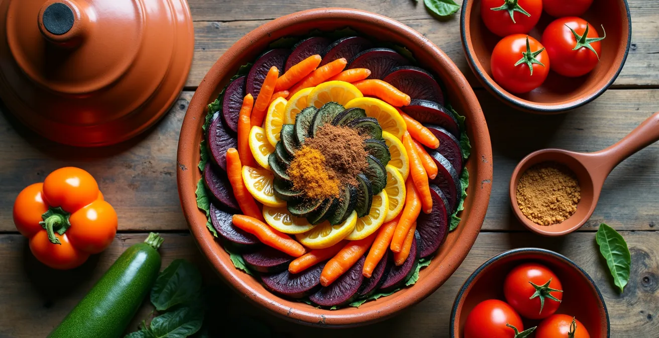 Vue plongeante sur un tajine végétarien avec légumes colorés disposés en couches concentriques