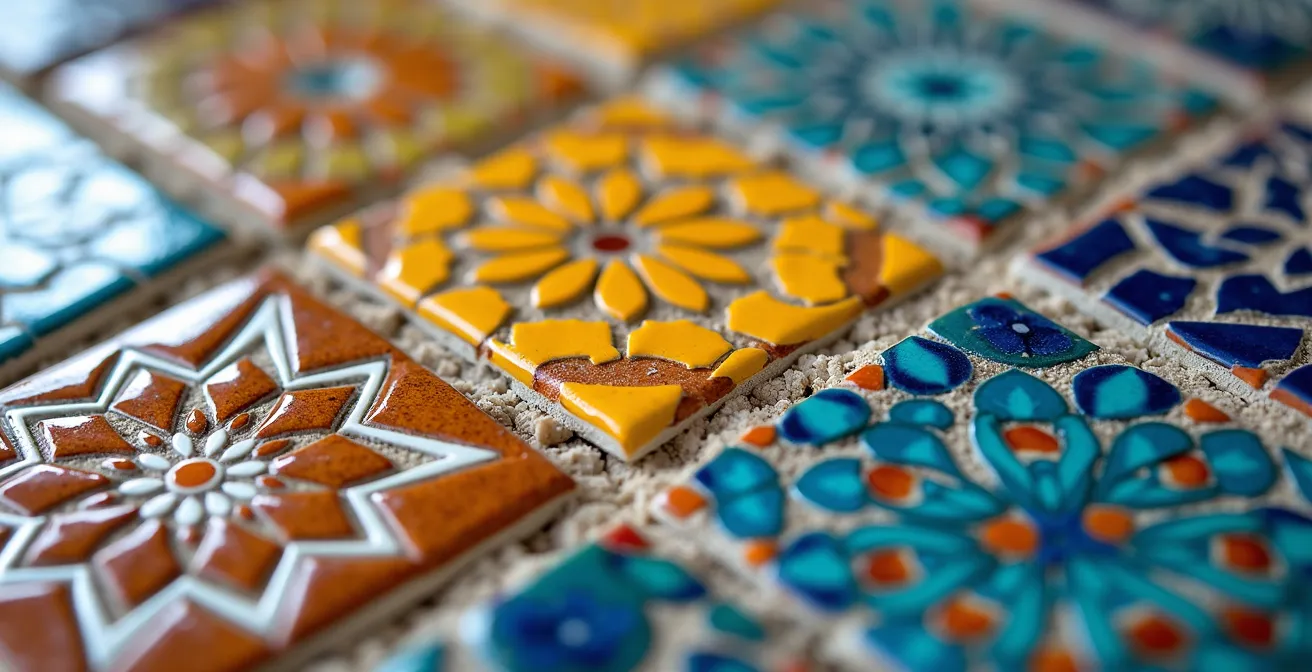 Détail macro de carreaux de zellige montrant l'évolution des techniques entre dynasties