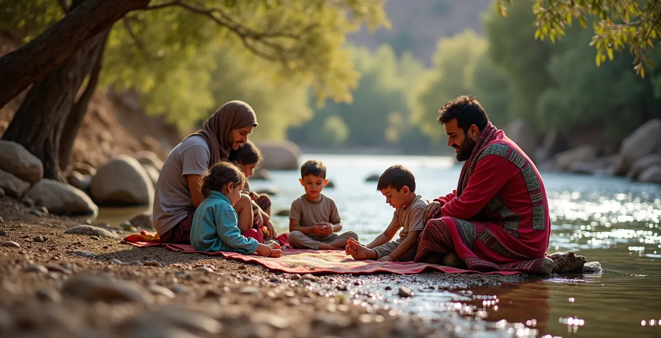 Famille en pique-nique au bord d'un oued avec des enfants jouant près de l'eau