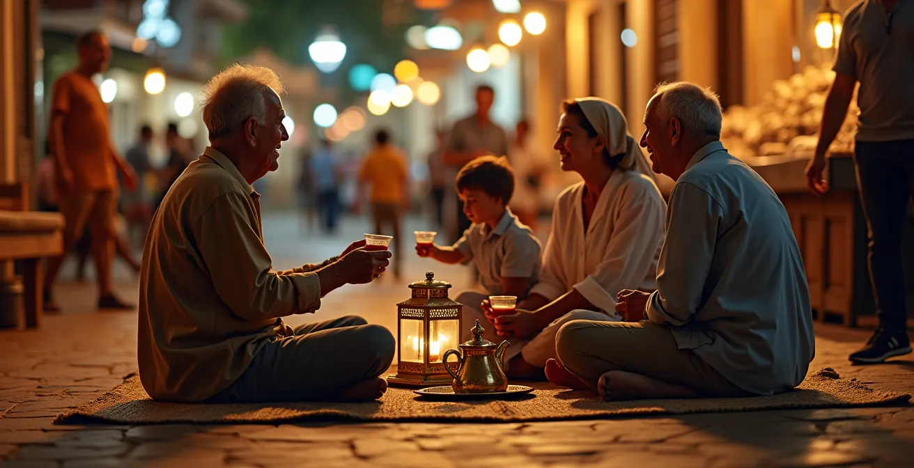 Familles marocaines avec enfants profitant de la fraîcheur nocturne sur une place animée