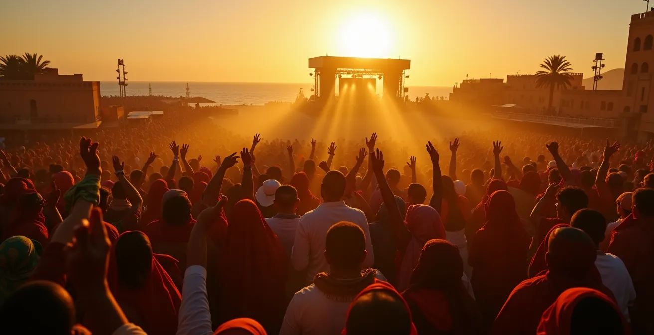 Vue aérienne de la place Moulay Hassan pendant le Festival Gnaoua avec foule et scène
