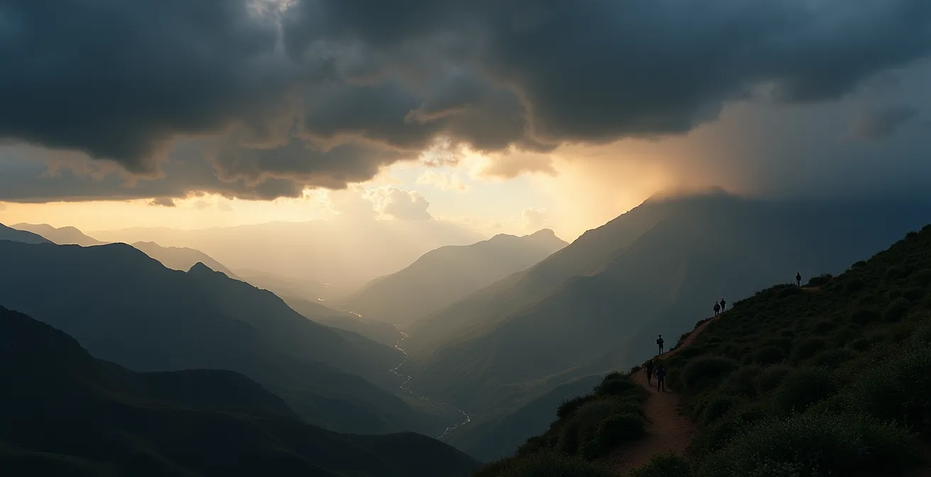 Vue large d'un cumulonimbus se formant au-dessus des crêtes de l'Atlas avec randonneurs descendant rapidement