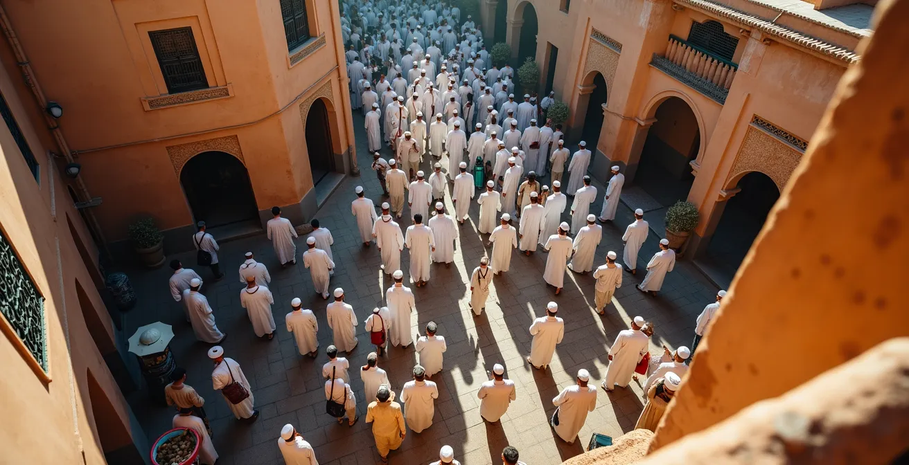 Vue en plongée d'une foule de fidèles sortant d'une mosquée marocaine après la prière du vendredi