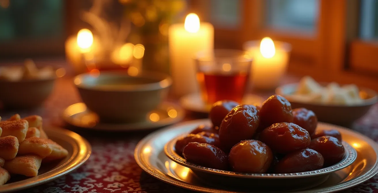 Table de Ftour traditionnelle marocaine garnie de dattes, harira et pâtisseries au moment du coucher du soleil
