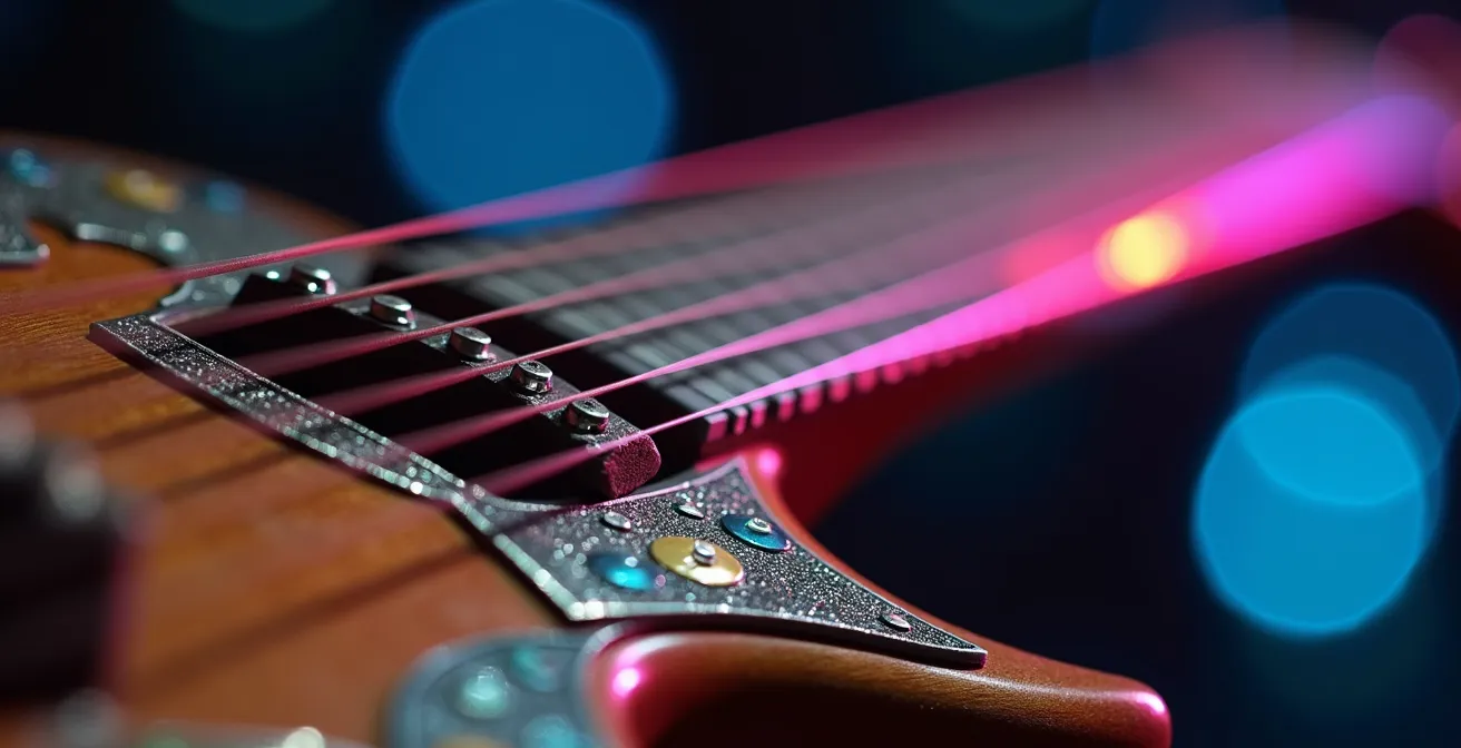 Musicien gnaoua jouant du sintir avec projection lumineuse moderne dans un riad traditionnel