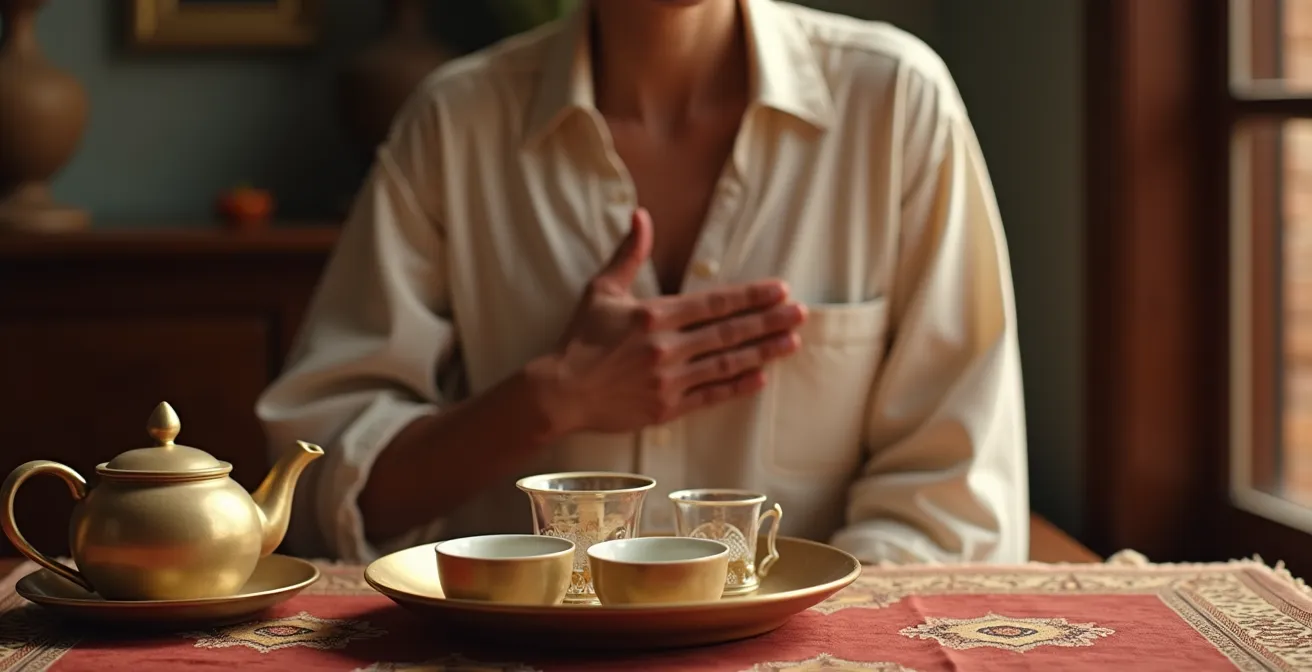 Main posée sur le cœur en signe de remerciement et de refus poli du thé