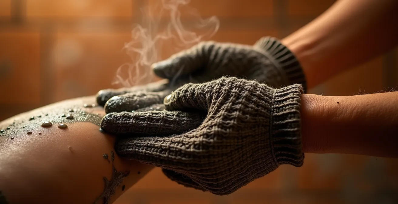 Gros plan sur un gommage traditionnel au gant kessa dans la vapeur du hammam
