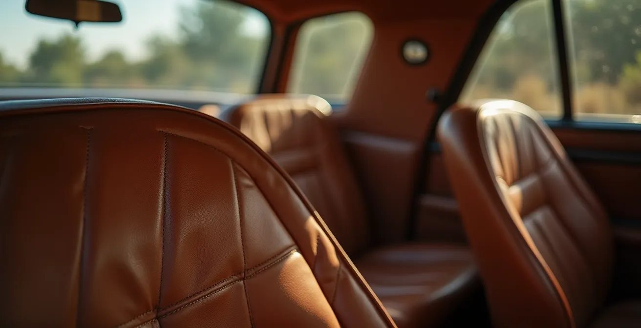 Gros plan sur l'intérieur d'un grand taxi marocain montrant la configuration des sièges