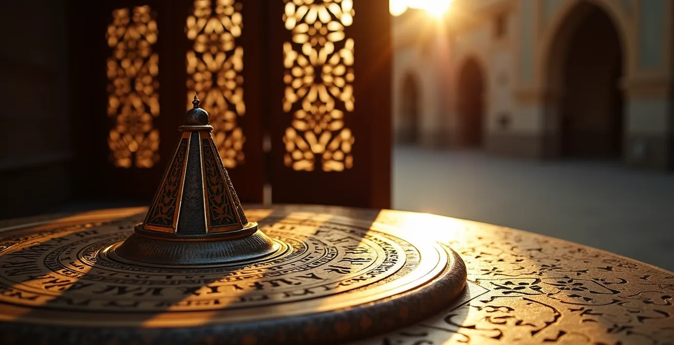 Horloge traditionnelle marocaine en mosaïque avec des ombres allongées suggérant l'après-midi