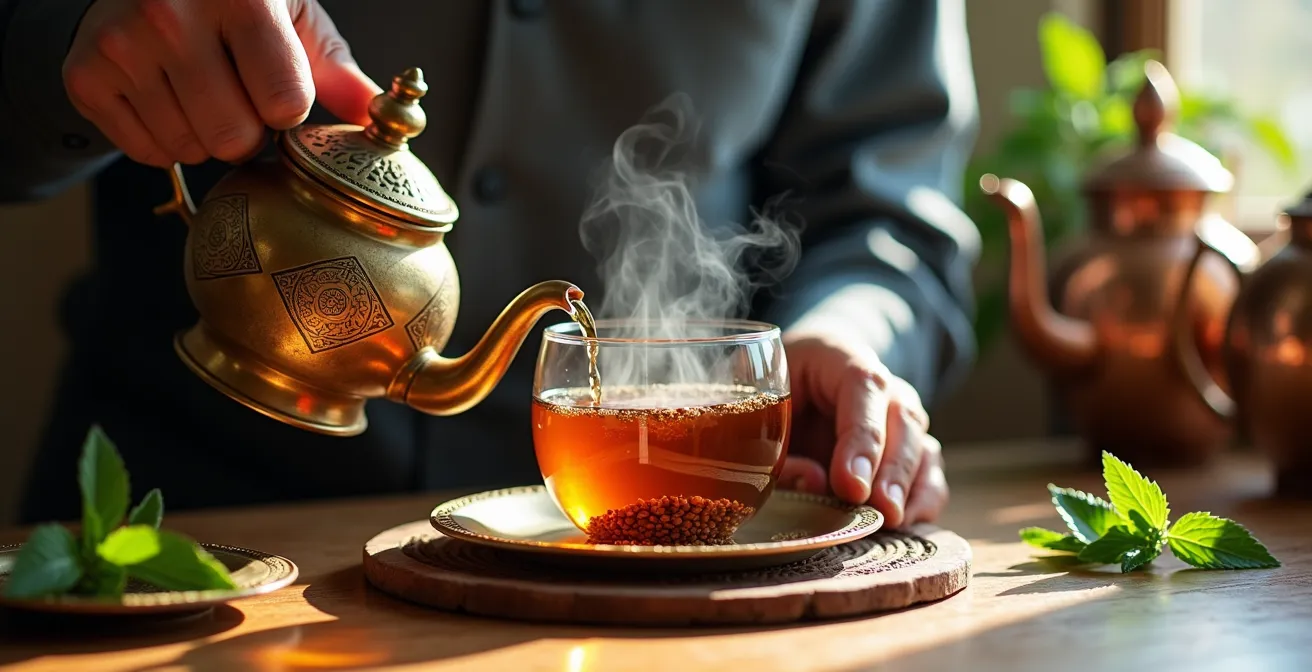 Verre de thé traditionnel marocain infusé au cumin avec graines entières visibles