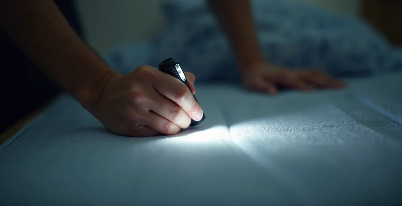 Inspection détaillée d'un matelas d'auberge avec lampe torche pour détecter les punaises de lit.
