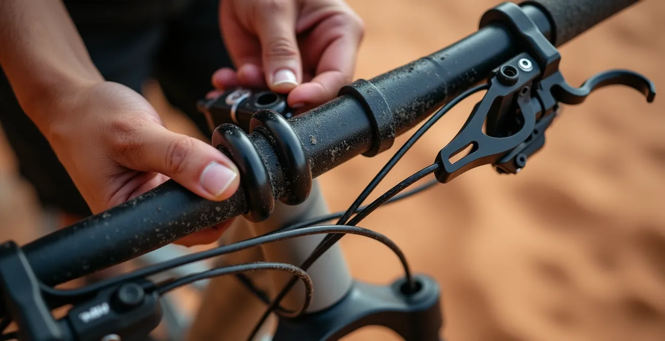 Gros plan sur l'inspection détaillée d'un équipement de VTT et de canyoning avant location