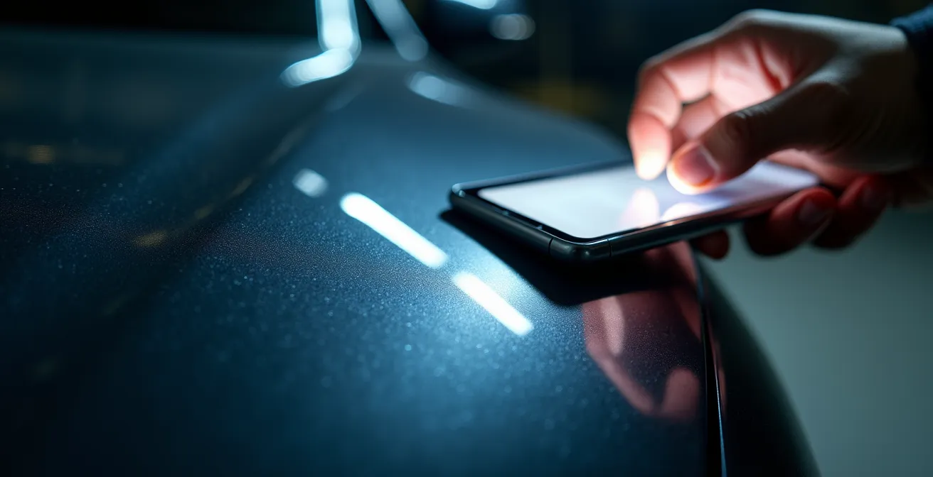 Inspection détaillée d'une carrosserie de véhicule avec éclairage révélant les micro-défauts