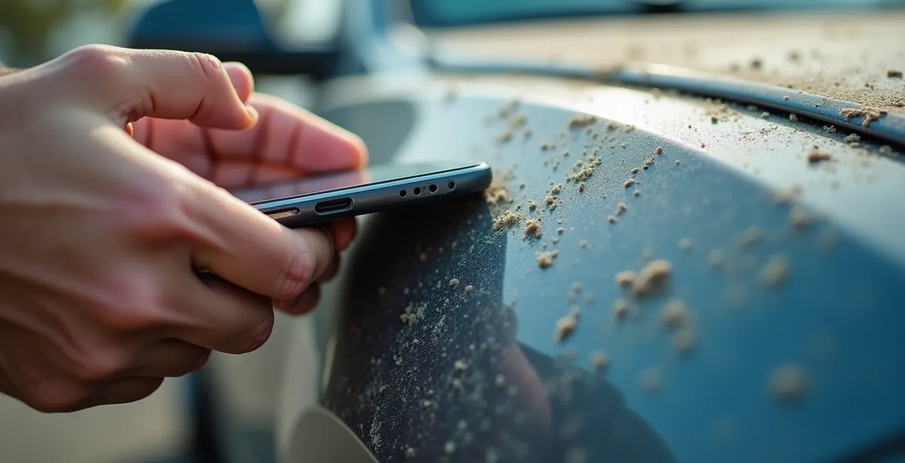 Personne filmant méticuleusement l'état d'une voiture de location avec son smartphone