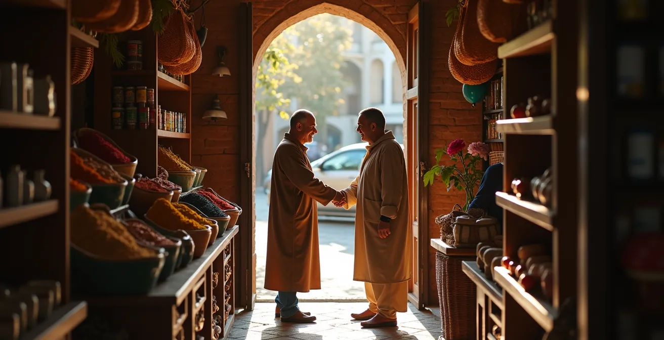Échange chaleureux entre un client et un épicier marocain dans sa boutique traditionnelle, poignée de main, sourires authentiques