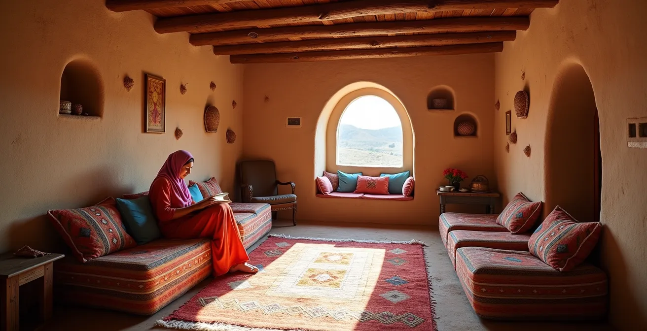 Intérieur chaleureux d'une maison d'hôtes en pisé avec tapis berbères et lumière naturelle filtrée