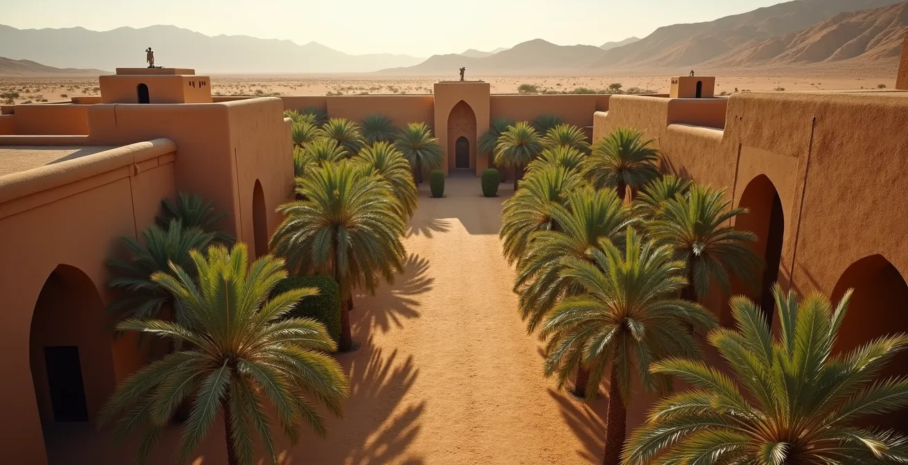 Vue aérienne d'une oasis marocaine avec palmiers et architecture traditionnelle en terre