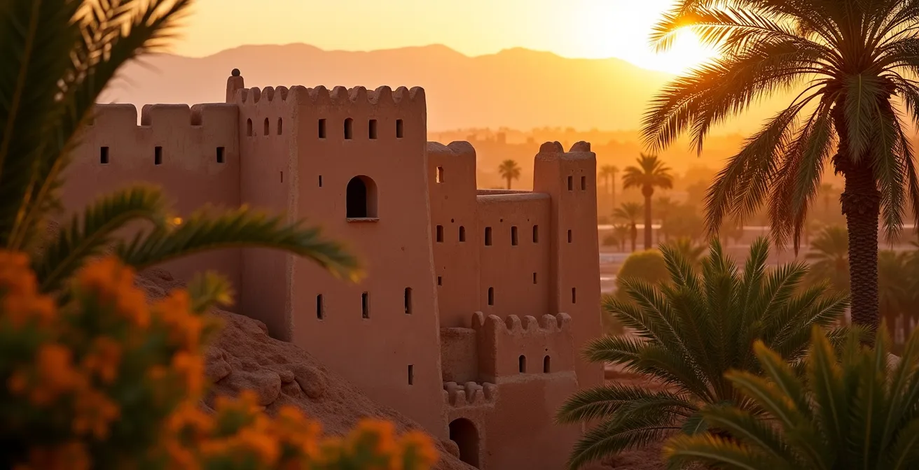 Kasbah traditionnelle au milieu de la palmeraie de Skoura au coucher du soleil