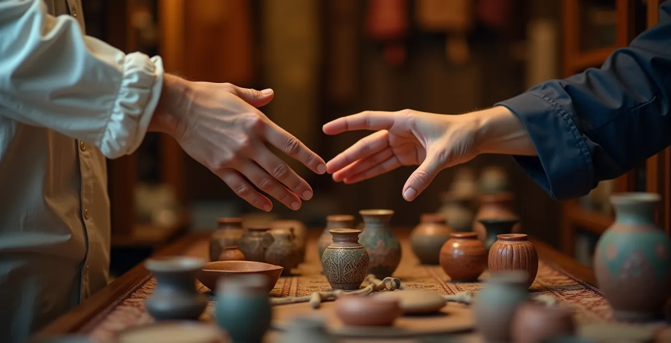 Deux personnes en négociation utilisant le langage corporel miroir dans un souk traditionnel