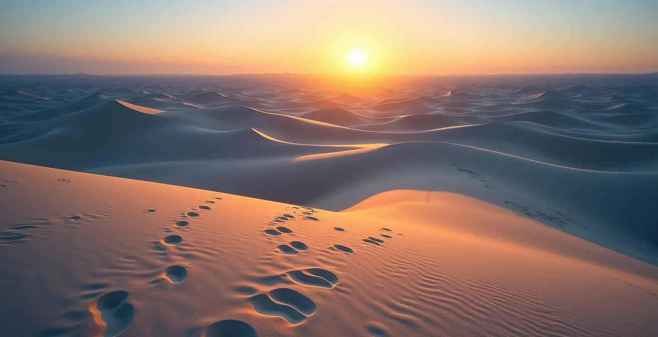 Lever de soleil sur les dunes du Sahara avec traces d'animaux nocturnes et ombres longues