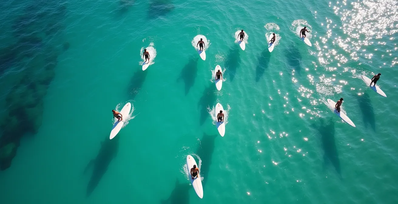 Vue aérienne d'un lineup de surf montrant les positions stratégiques des surfeurs