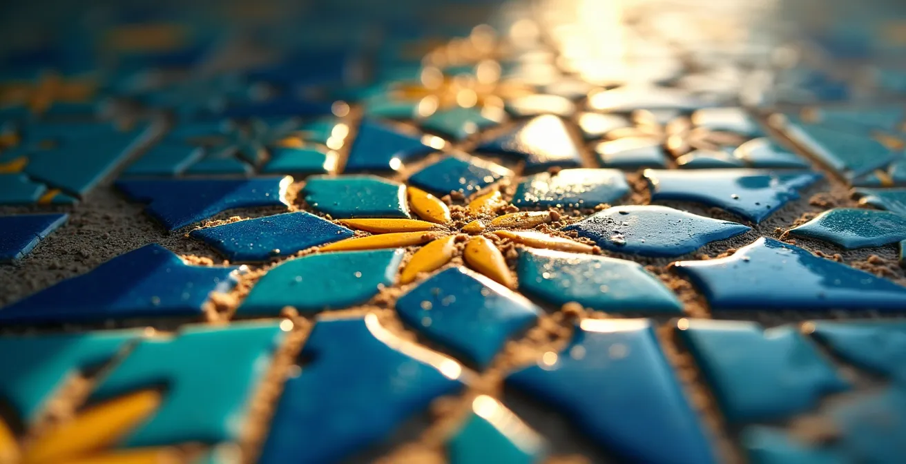 Détail macro de zelliges marocains avec jeu de lumière rasante révélant les reliefs géométriques