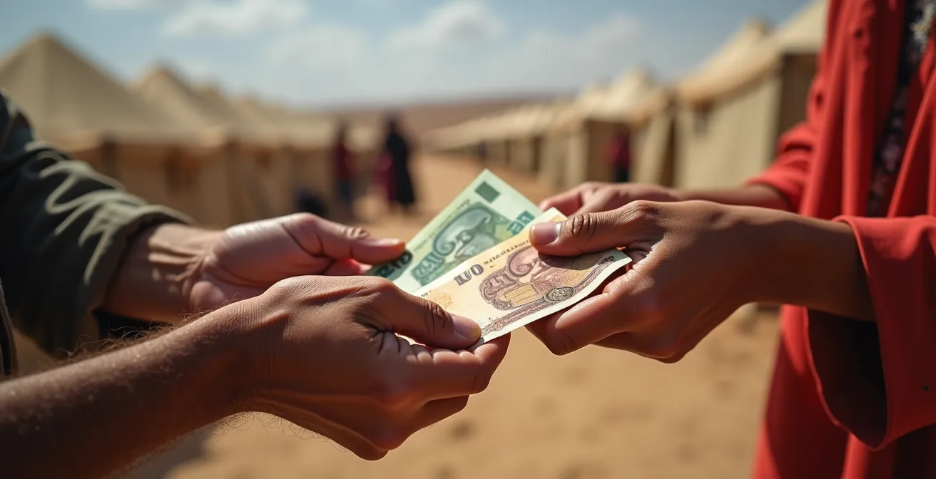 Gros plan sur des mains échangeant des dirhams avec un campement nomade en arrière-plan flou