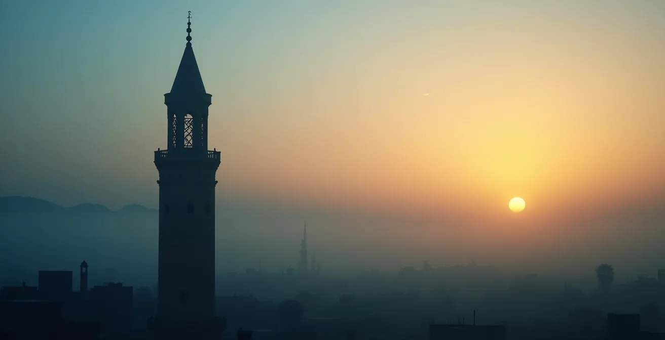 Minaret de mosquée marocaine émergeant de la brume matinale dans une médina à l'aube