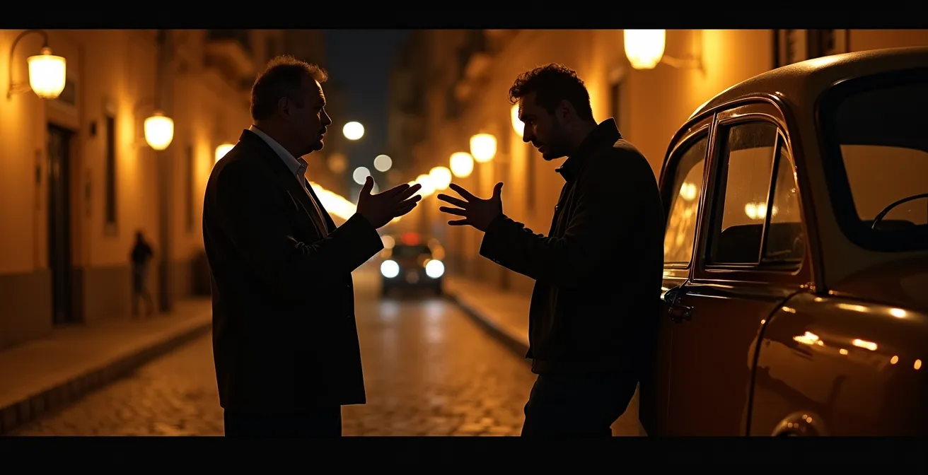 Scène nocturne de négociation avec chauffeur de taxi dans les ruelles de la médina