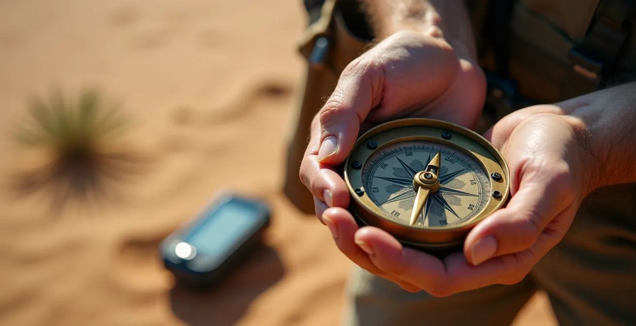 Mains tenant une boussole traditionnelle avec GPS en arrière-plan flou dans le désert