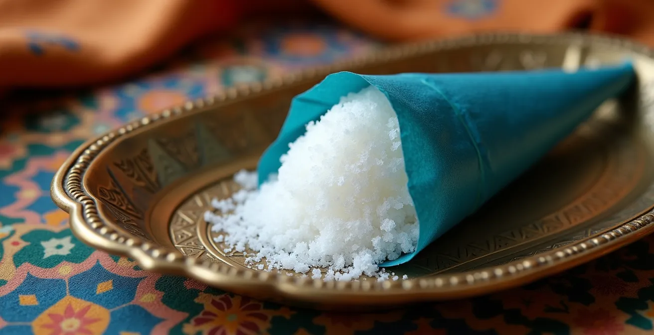 Gros plan sur un pain de sucre marocain conique enveloppé dans son papier traditionnel bleu, symbole d'hospitalité