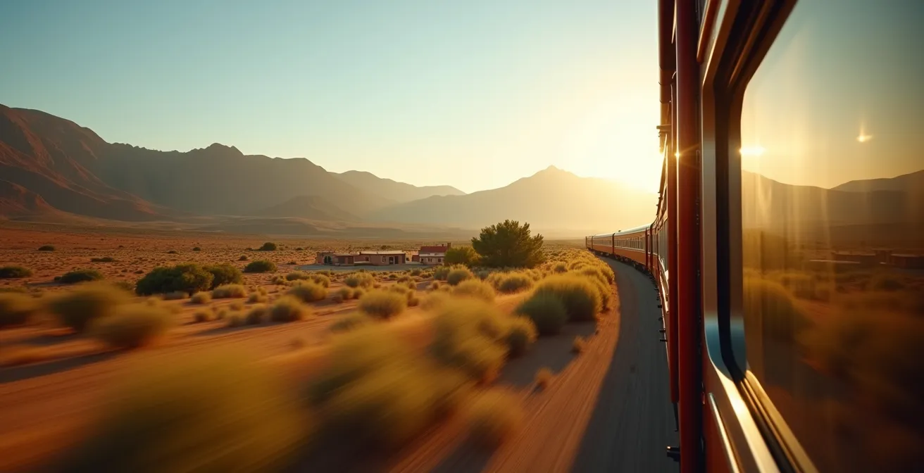 Vue panoramique depuis un train traversant les paysages entre les villes impériales du Maroc